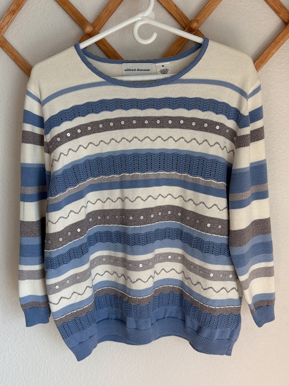 Alfred Dunner Cream, Blue & Gray Striped, Embroidered, Sequins Crewneck Sweater